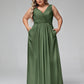 Vestidos largos de chiffon con escote en V y bolsillos Verde Oliva Tallas Grandes