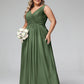 Vestidos largos de chiffon con escote en V y bolsillos Verde Oliva Tallas Grandes