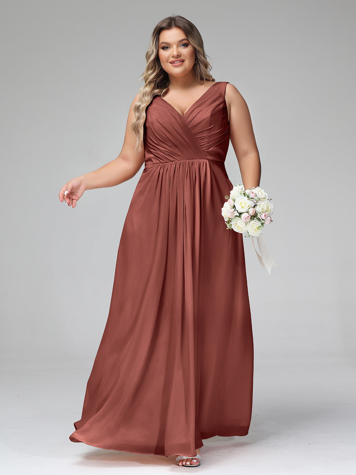 Vestidos largos de chiffon con escote en V y bolsillos Terracota Tallas Grandes