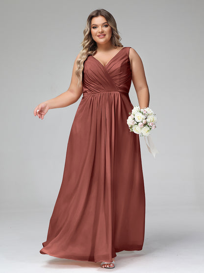Vestidos largos de chiffon con escote en V y bolsillos Terracota Tallas Grandes