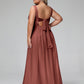 Vestidos largos de chiffon con escote en V y bolsillos Terracota Tallas Grandes
