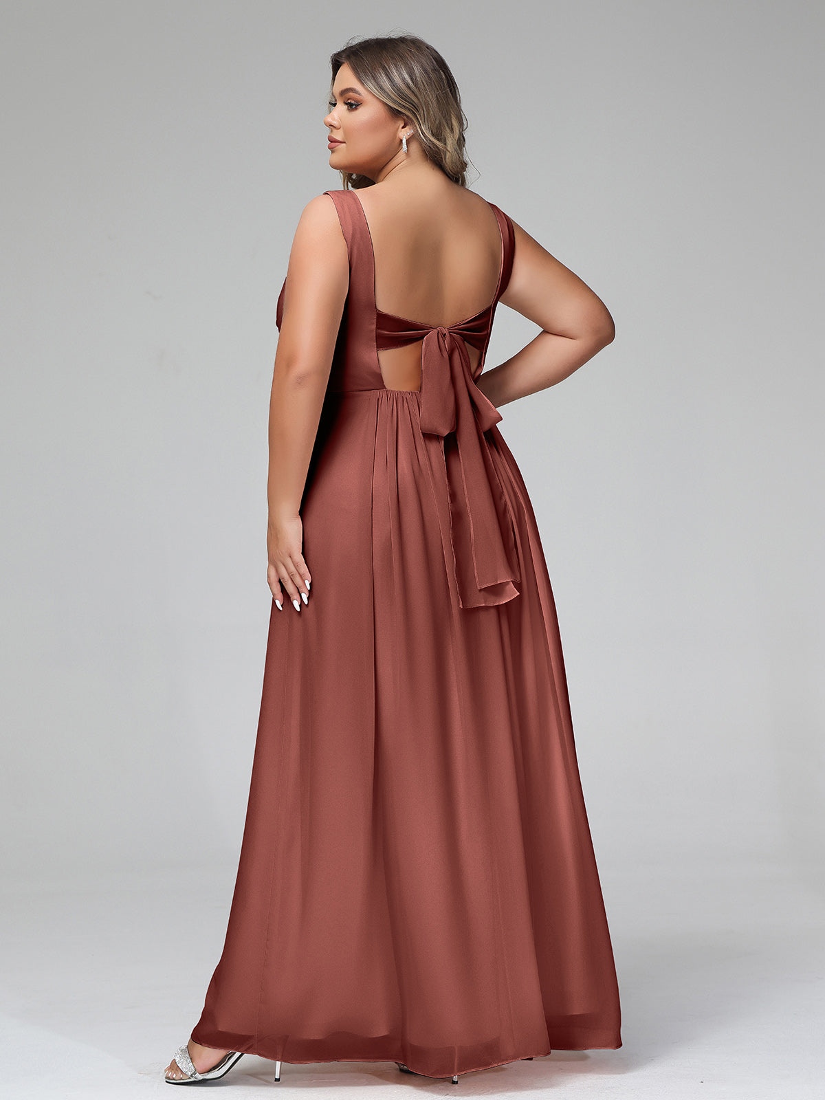 Vestidos largos de chiffon con escote en V y bolsillos Terracota Tallas Grandes