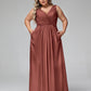 Vestidos largos de chiffon con escote en V y bolsillos Terracota Tallas Grandes
