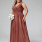 Vestidos largos de chiffon con escote en V y bolsillos Terracota Tallas Grandes