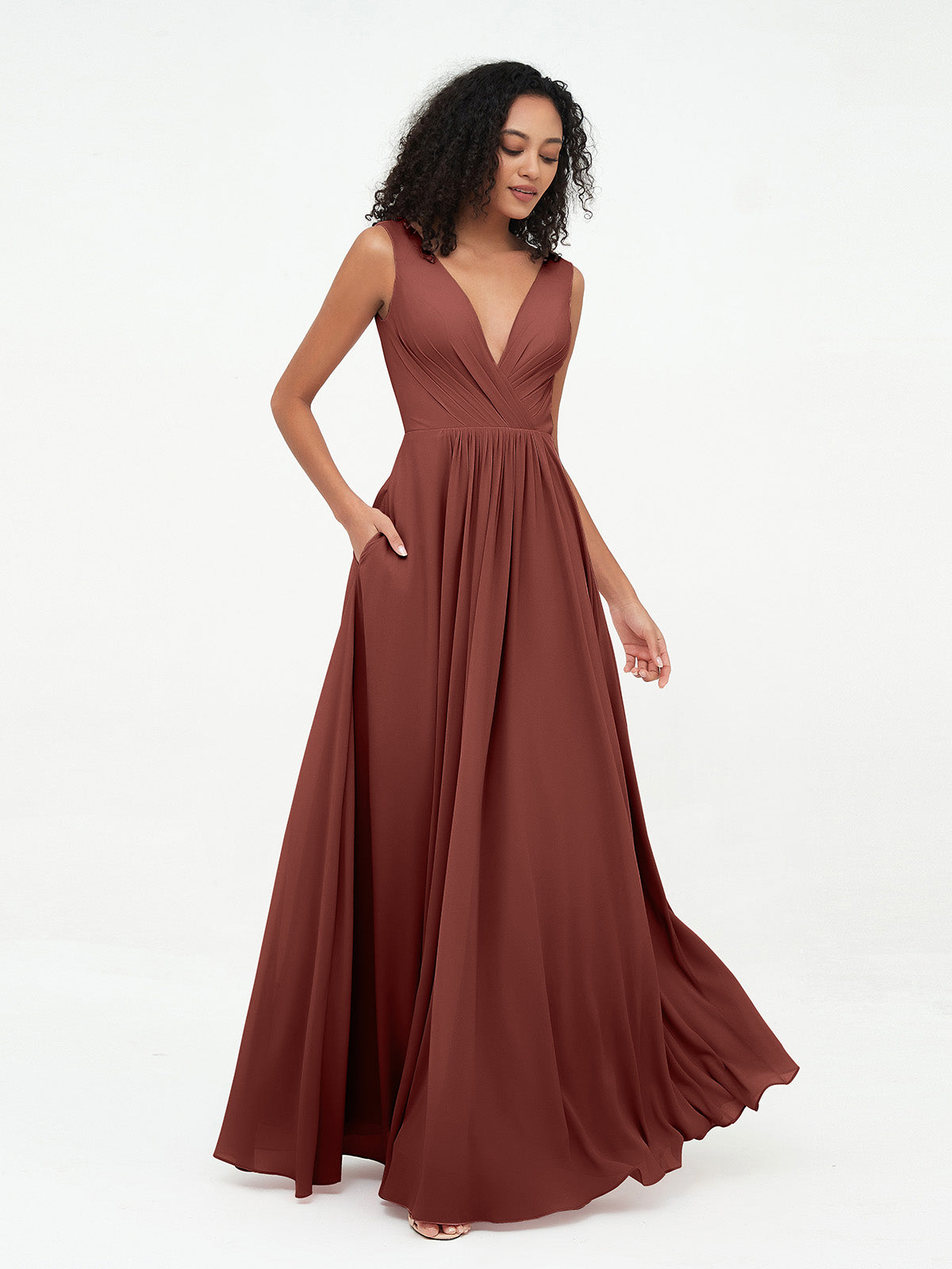 Vestidos largos de chiffon con escote en V y bolsillos Terracota