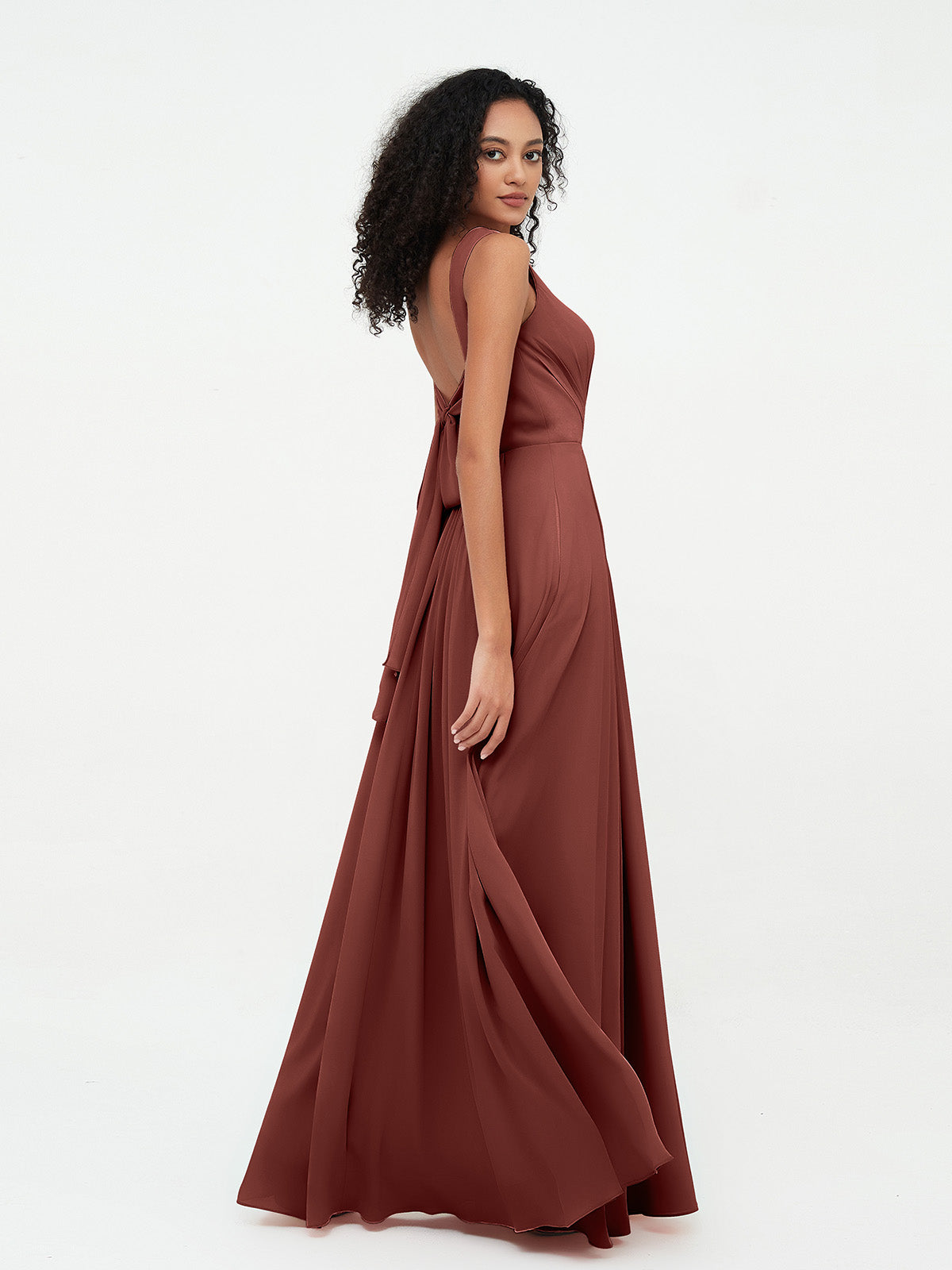 Vestidos largos de chiffon con escote en V y bolsillos Terracota