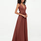 Vestidos largos de chiffon con escote en V y bolsillos Terracota