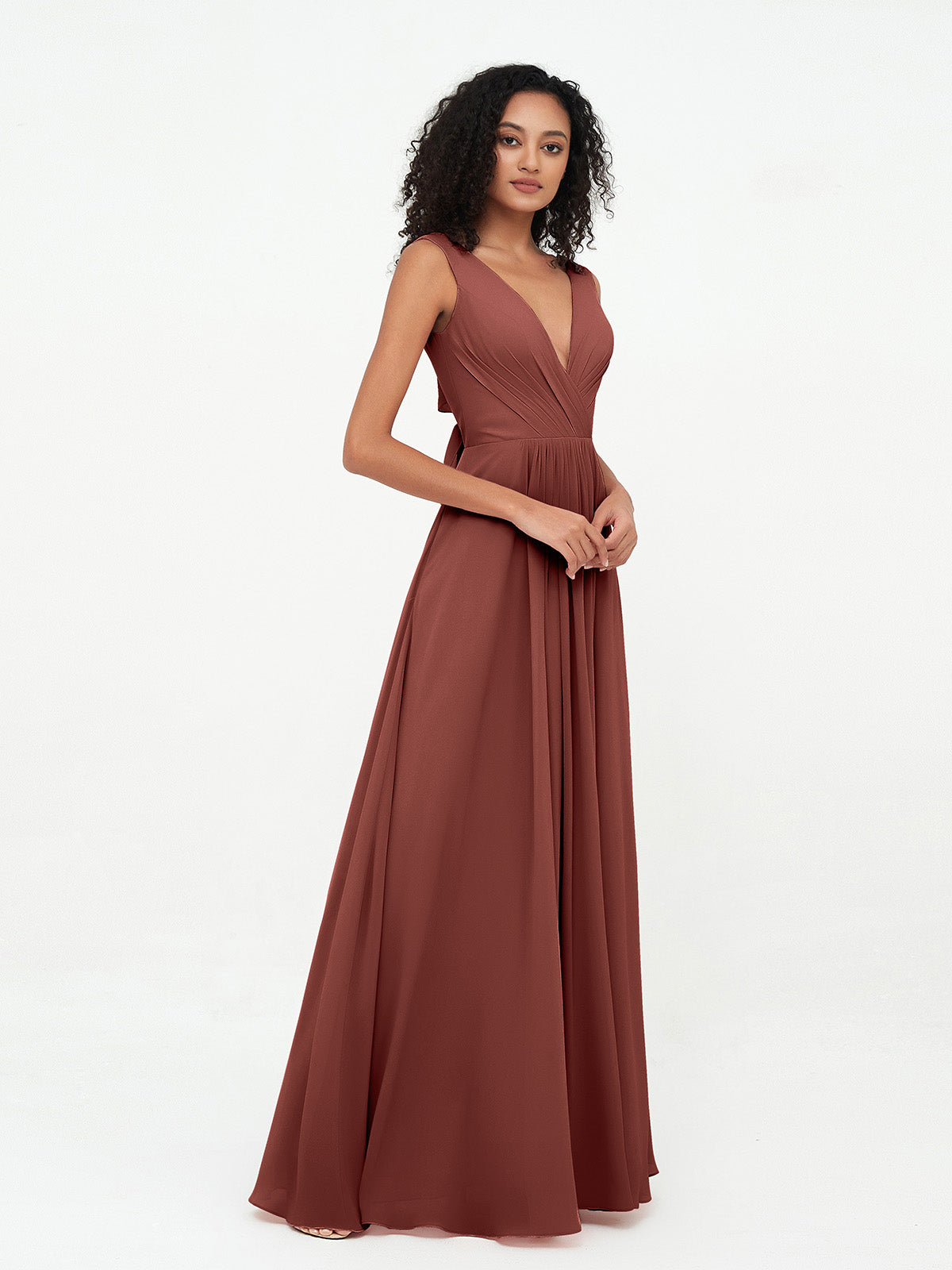 Vestidos largos de chiffon con escote en V y bolsillos Terracota