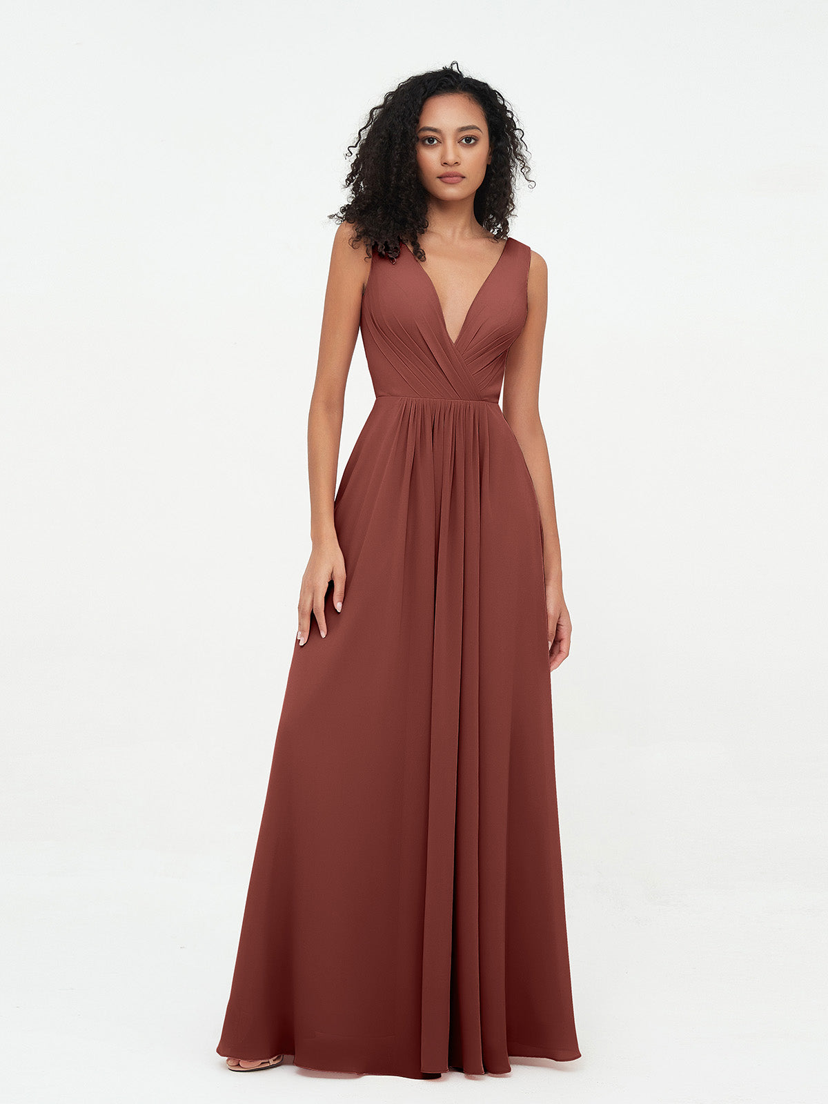 Vestidos largos de chiffon con escote en V y bolsillos Terracota