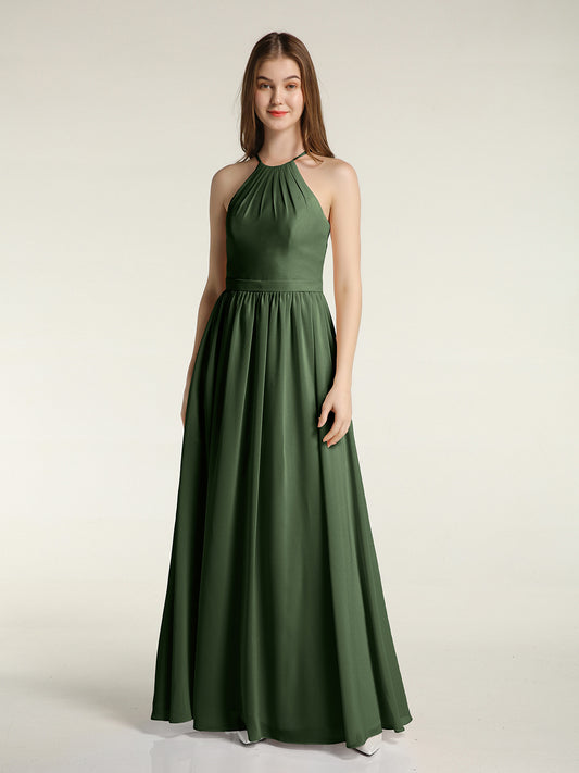 Vestidos largos de dama de honor estilo halter de chiffon Verde Oliva