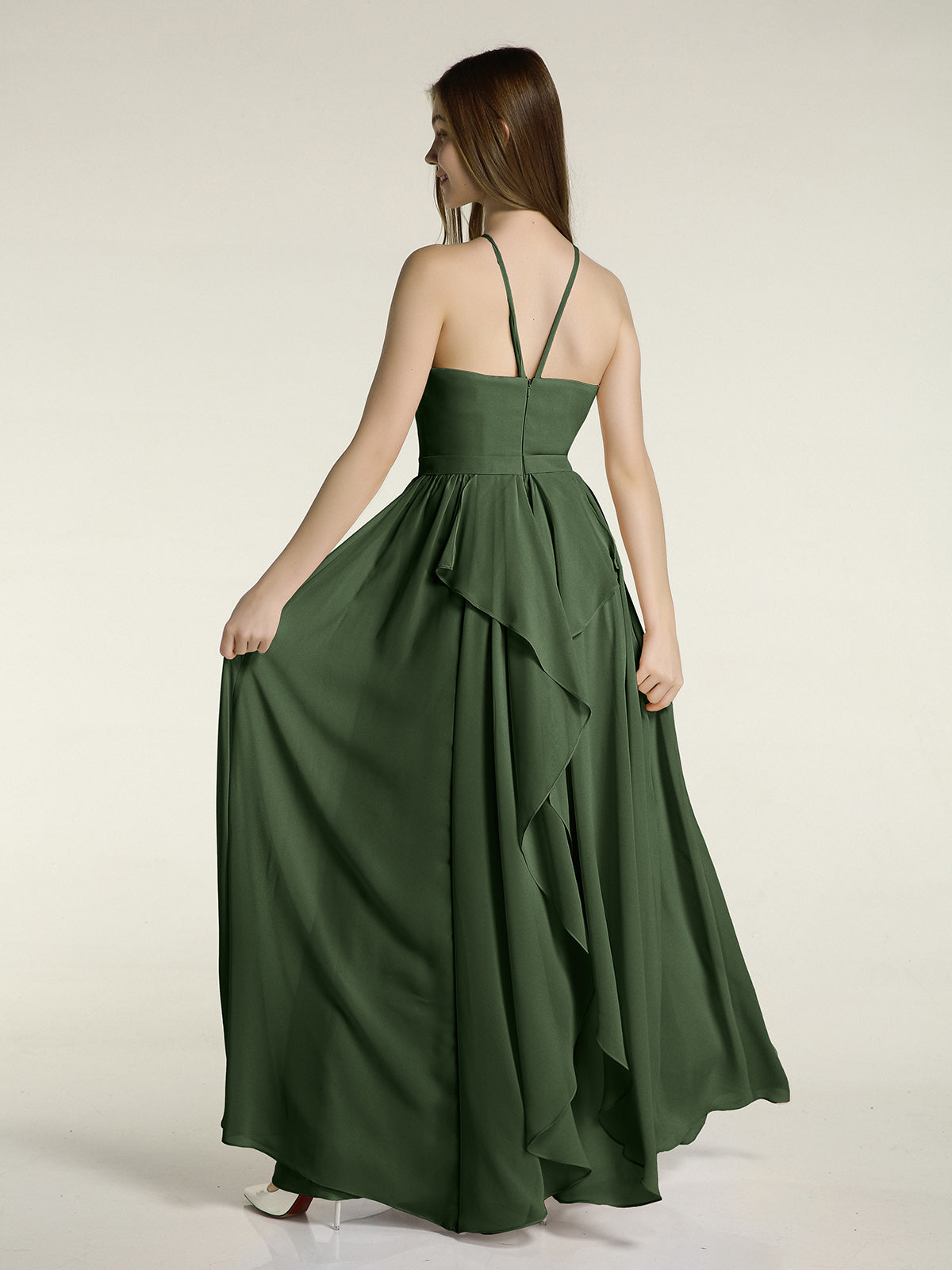 Vestidos largos de dama de honor estilo halter de chiffon Verde Oliva