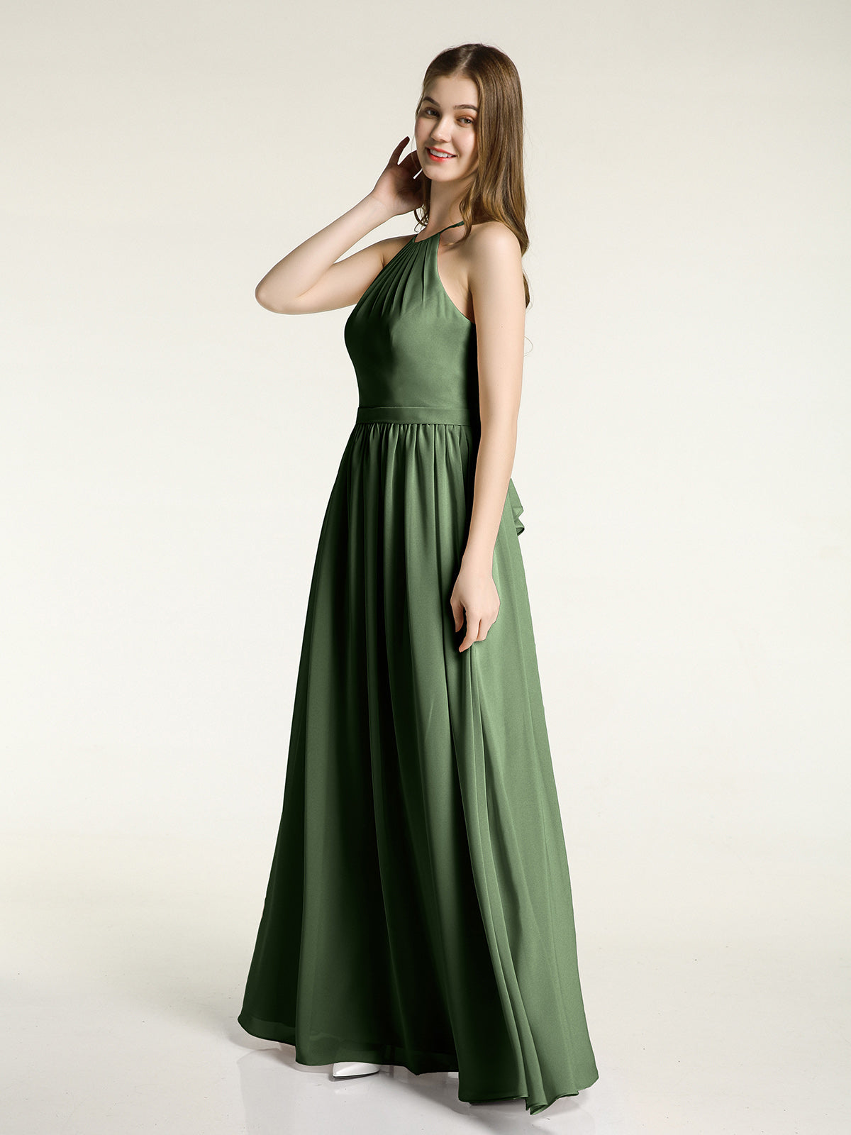 Vestidos largos de dama de honor estilo halter de chiffon Verde Oliva