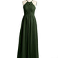 Vestidos largos de dama de honor estilo halter de chiffon Verde Oliva
