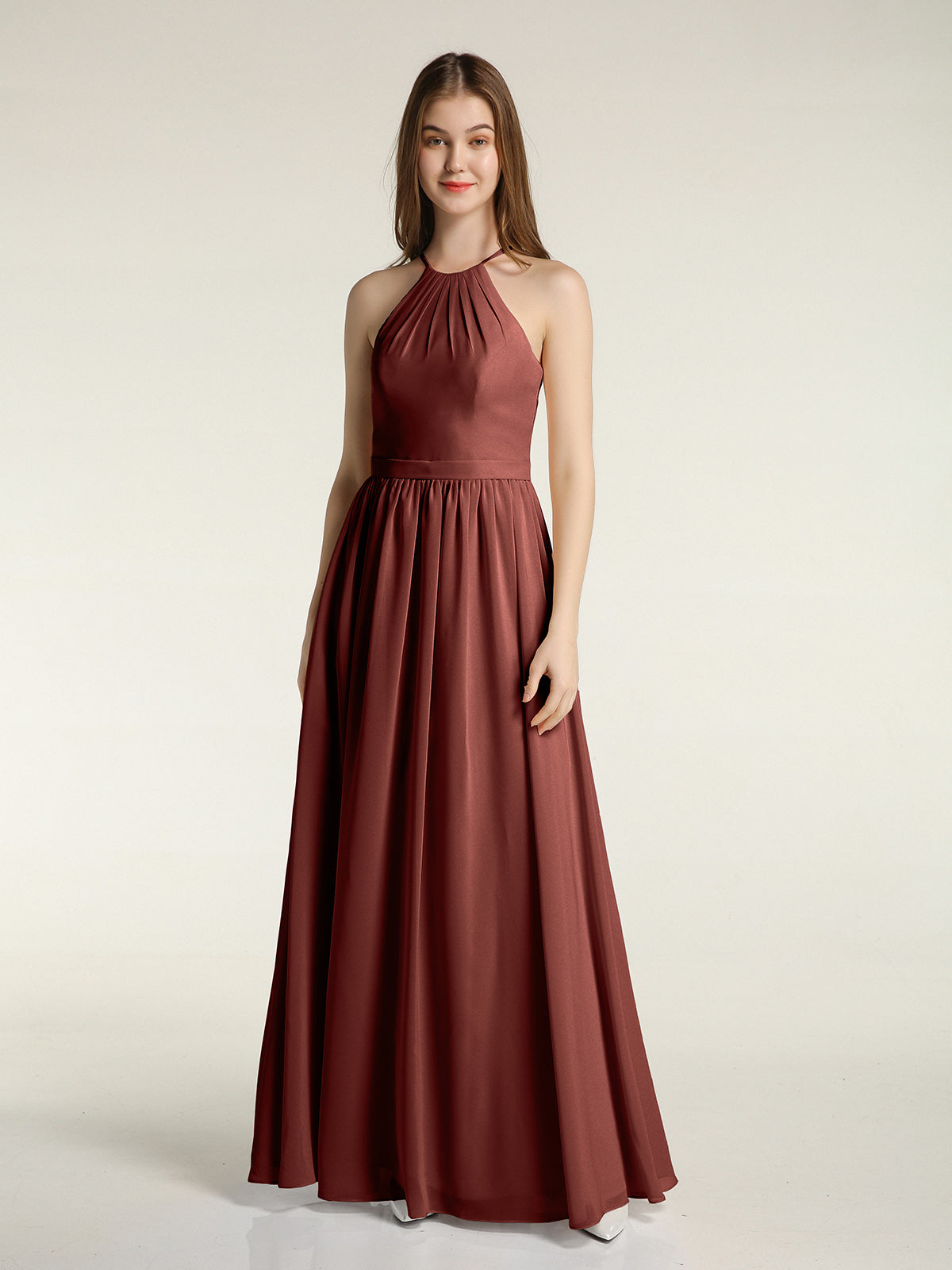 Vestidos largos de dama de honor estilo halter de chiffon Terracota