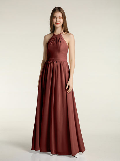 Vestidos largos de dama de honor estilo halter de chiffon Terracota