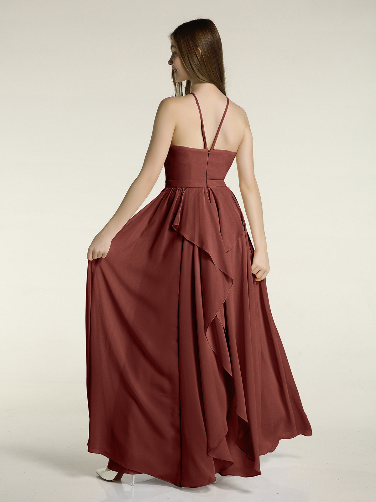 Vestidos largos de dama de honor estilo halter de chiffon Terracota