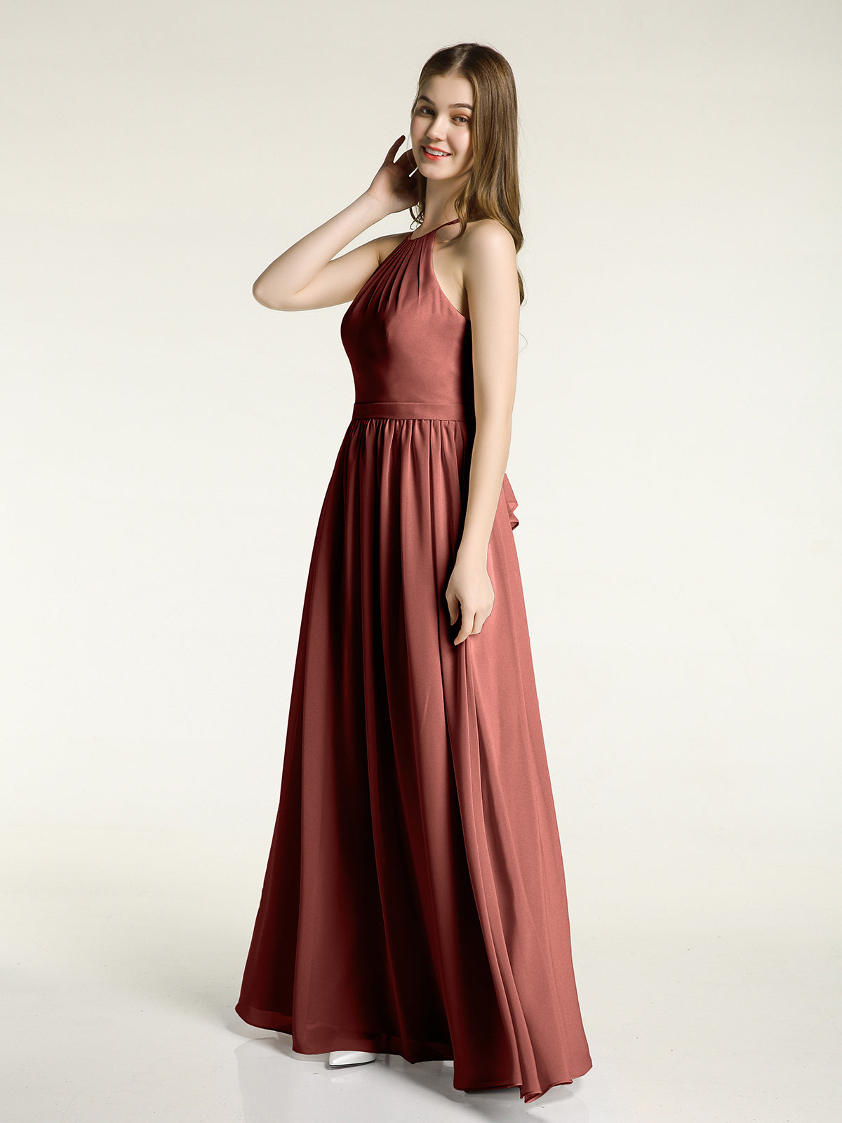 Vestidos largos de dama de honor estilo halter de chiffon Terracota