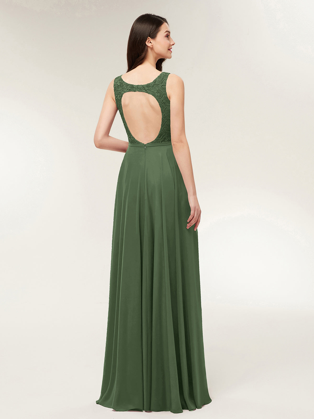 Modesty Espalda Abierta Vestido Con Corpino Encaje Verde Oliva