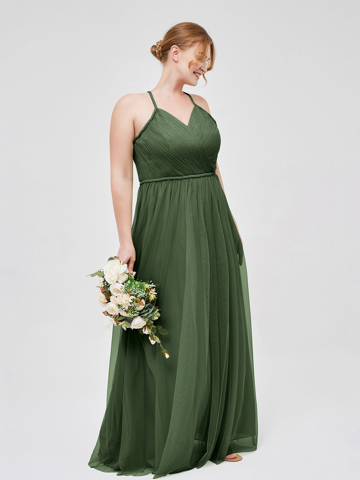 Vestido maxi de tul con tirantes entrelazados y escote en V Verde oliva Tallas Grandes