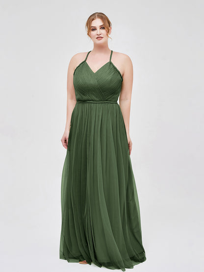 Vestido maxi de tul con tirantes entrelazados y escote en V Verde oliva Tallas Grandes
