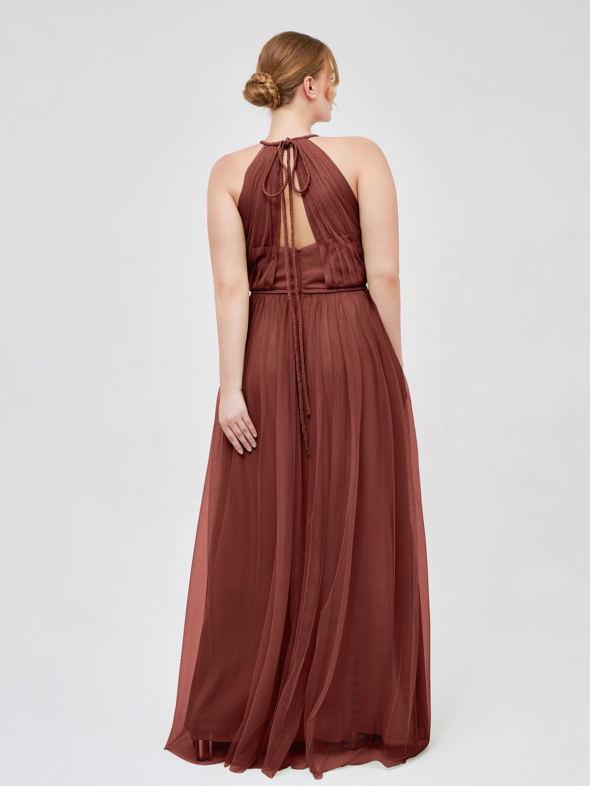 Vestido maxi de tul con tirantes entrelazados y escote en V Terracota