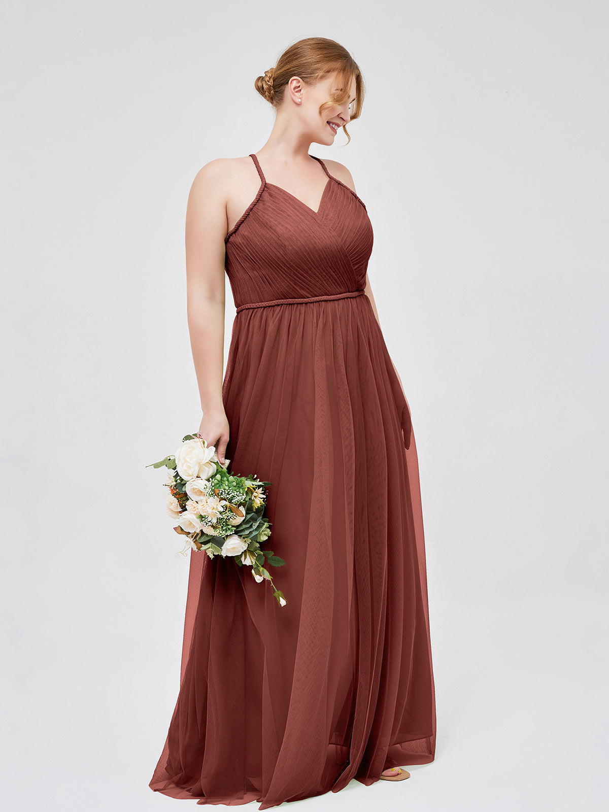 Vestido maxi de tul con tirantes entrelazados y escote en V Terracota Tallas Grandes