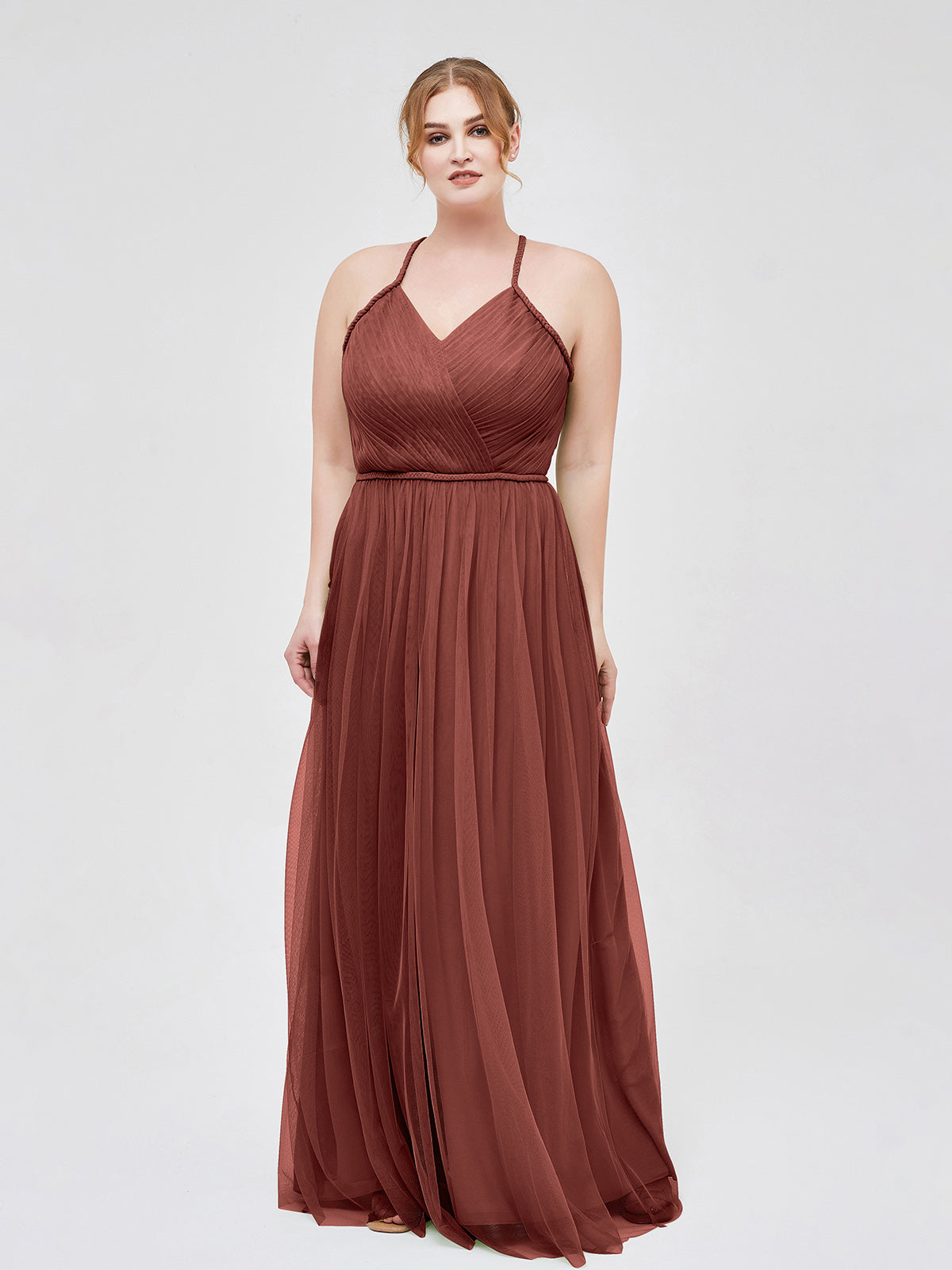 Vestido maxi de tul con tirantes entrelazados y escote en V Terracota