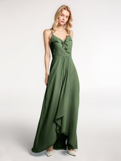 Vestido de chiffon con tirantes finos y volantes de alto y bajo Verde Oliva