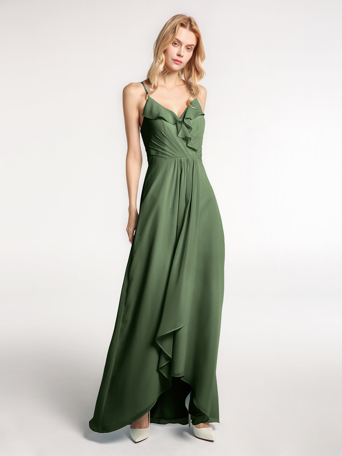 Vestido de chiffon con tirantes finos y volantes de alto y bajo Verde Oliva Tallas Grandes