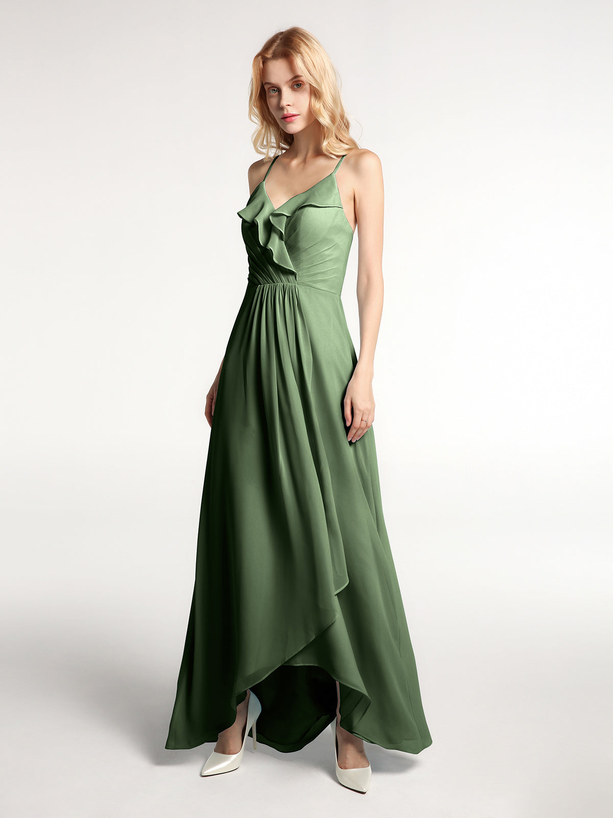 Vestido de chiffon con tirantes finos y volantes de alto y bajo Verde Oliva