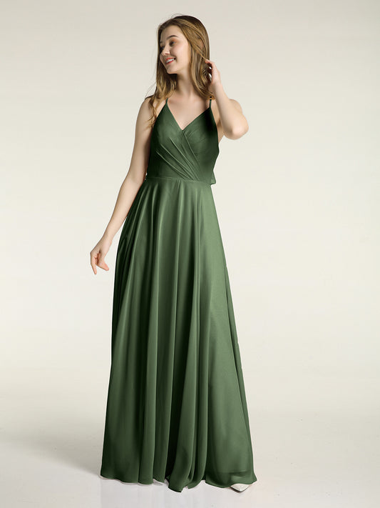 Vestidos de dama de honor de chiffon con escote en V y espalda cruzada Verde Oliva