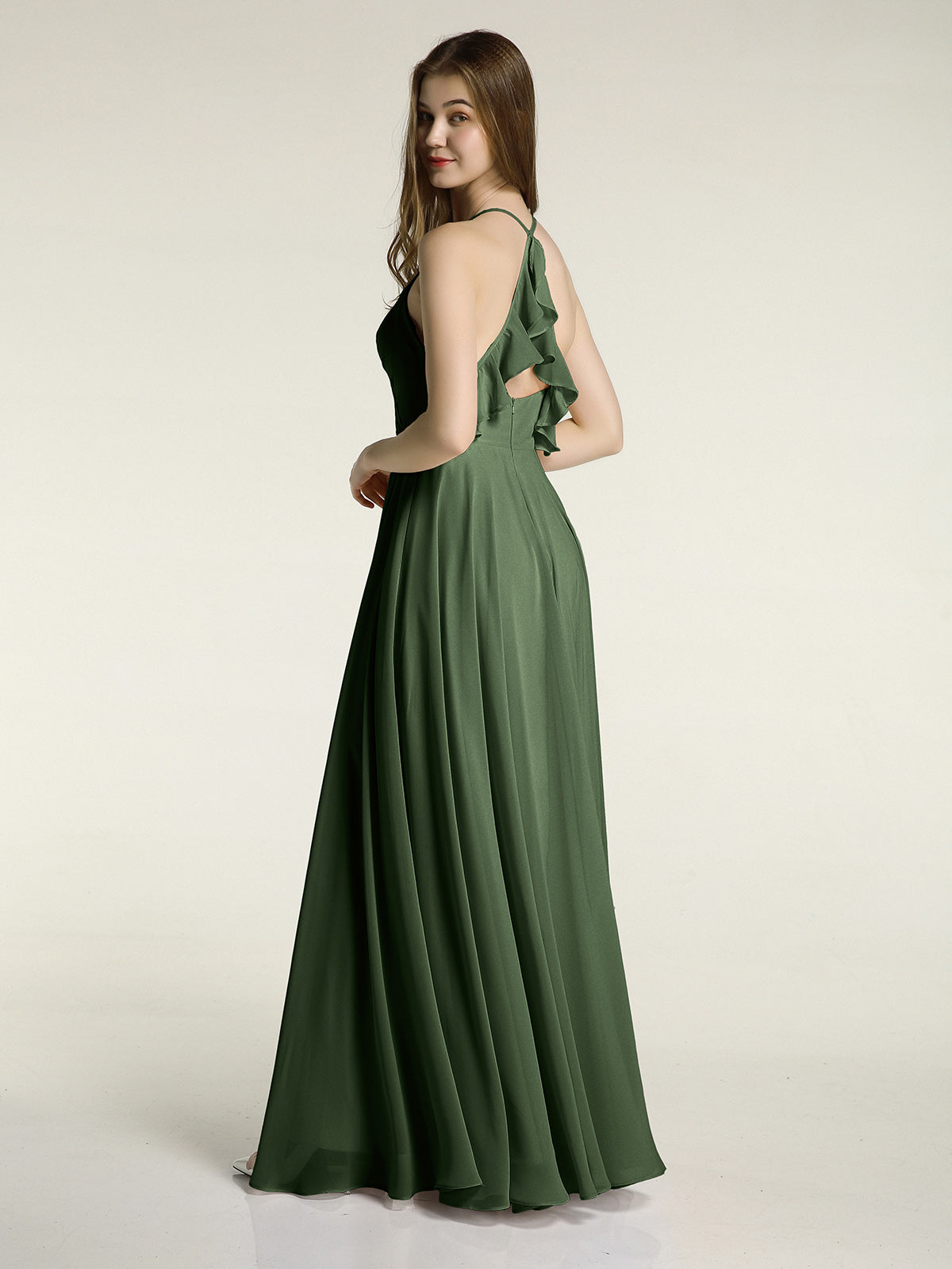 Vestidos de dama de honor de chiffon con escote en V y espalda cruzada Verde Oliva Tallas Grandes