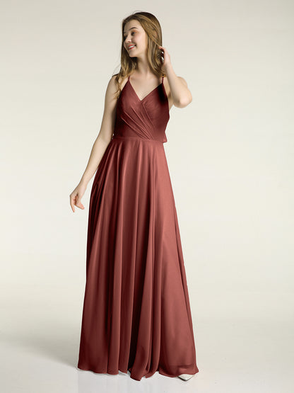 Vestidos de dama de honor de chiffon con escote en V y espalda cruzada Terracota