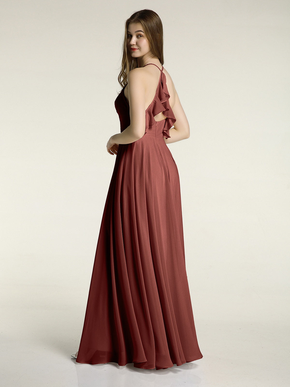 Vestidos de dama de honor de chiffon con escote en V y espalda cruzada Terracota