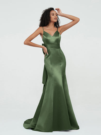 Vestidos sirena de satén con tirantes spaghetti Verde Oliva