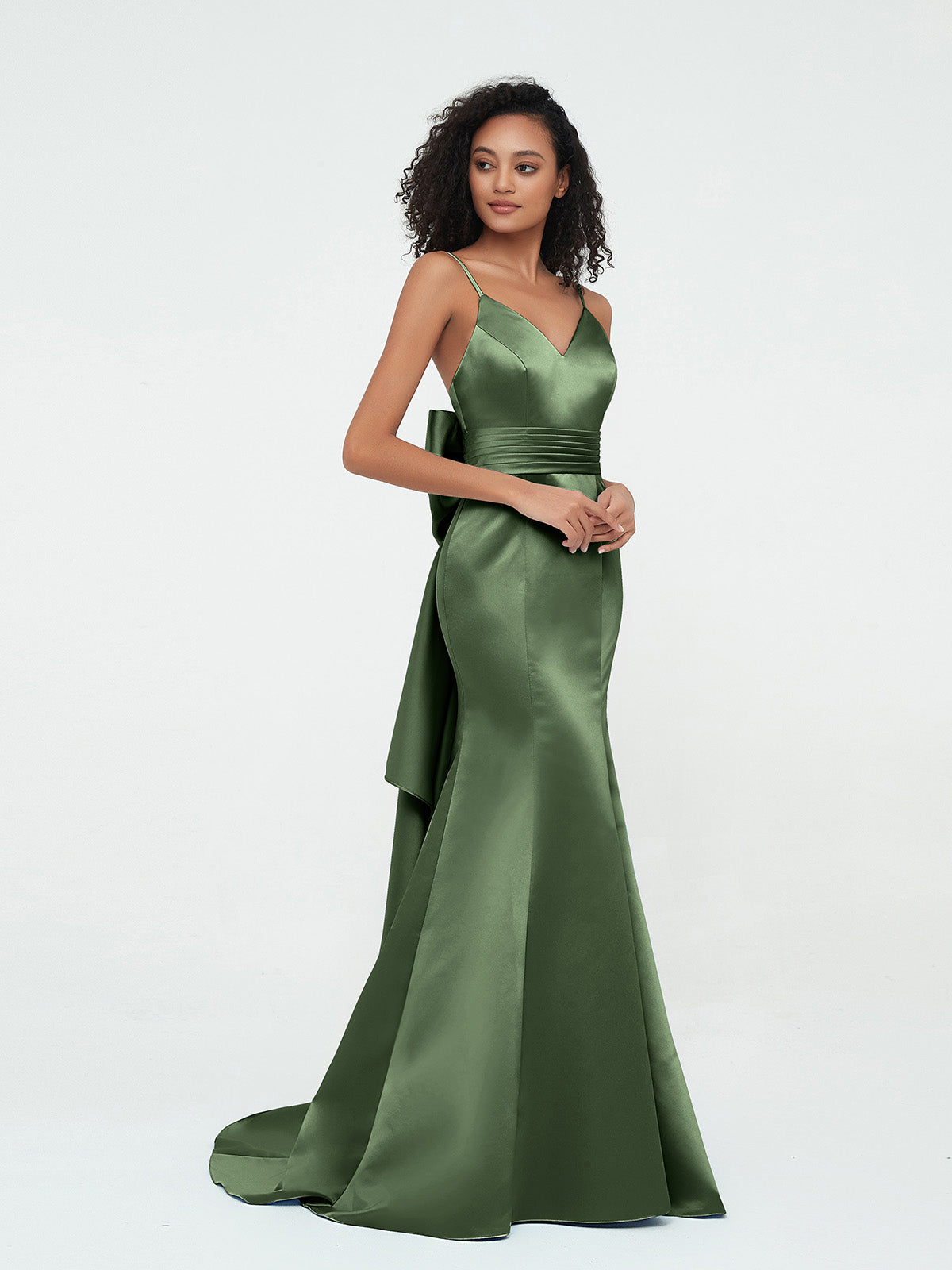 Vestidos sirena de satén con tirantes spaghetti Verde Oliva Tallas Grandes
