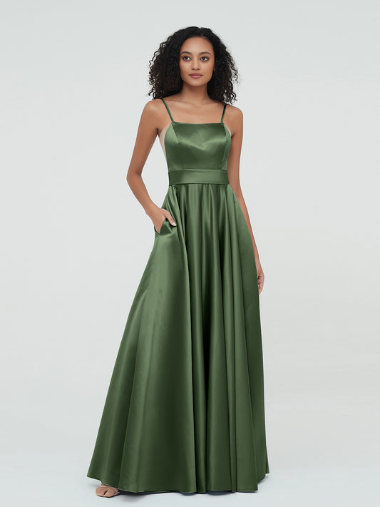 Vestidos máximos de satén estilo A-line con tirantes spaghetti Verde Oliva