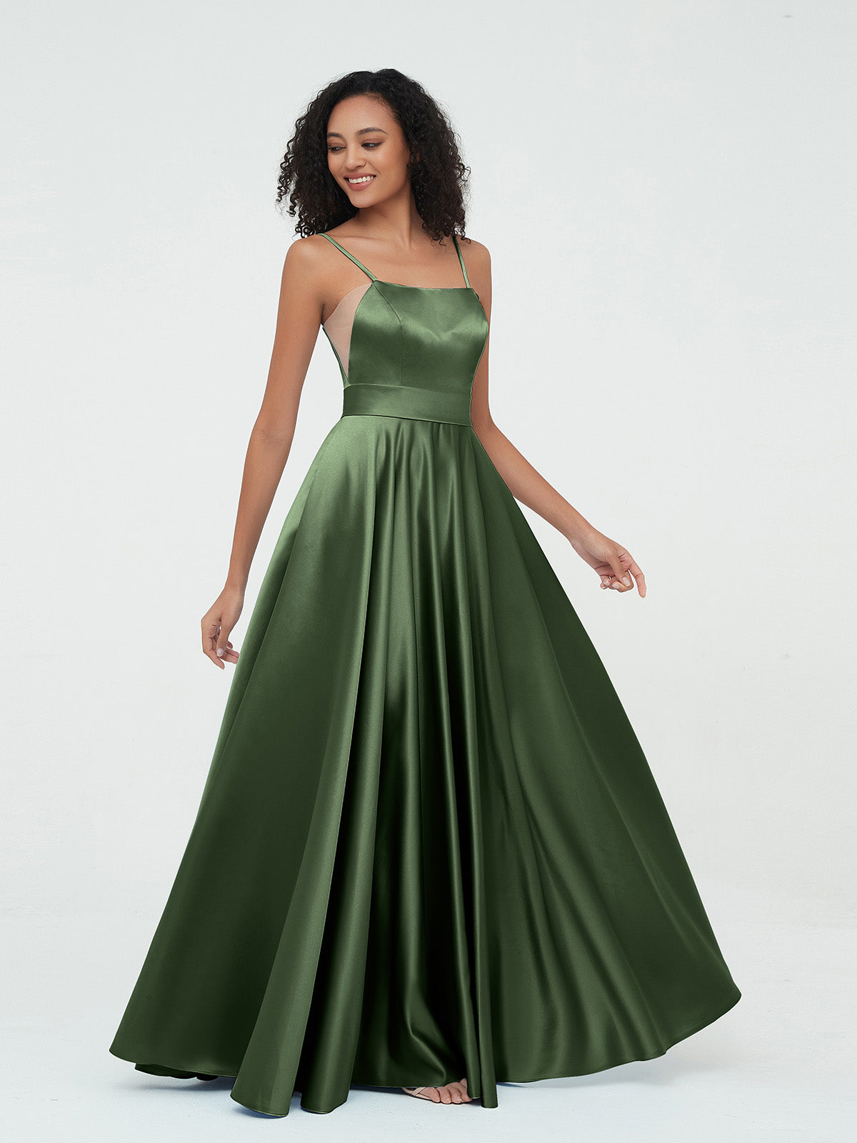 Vestidos máximos de satén estilo A-line con tirantes spaghetti Verde Oliva Tallas Grandes