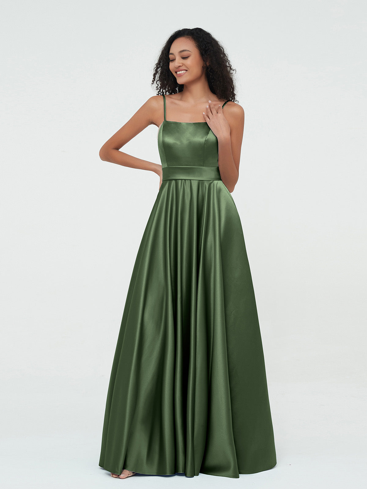 Vestidos máximos de satén estilo A-line con tirantes spaghetti Verde Oliva