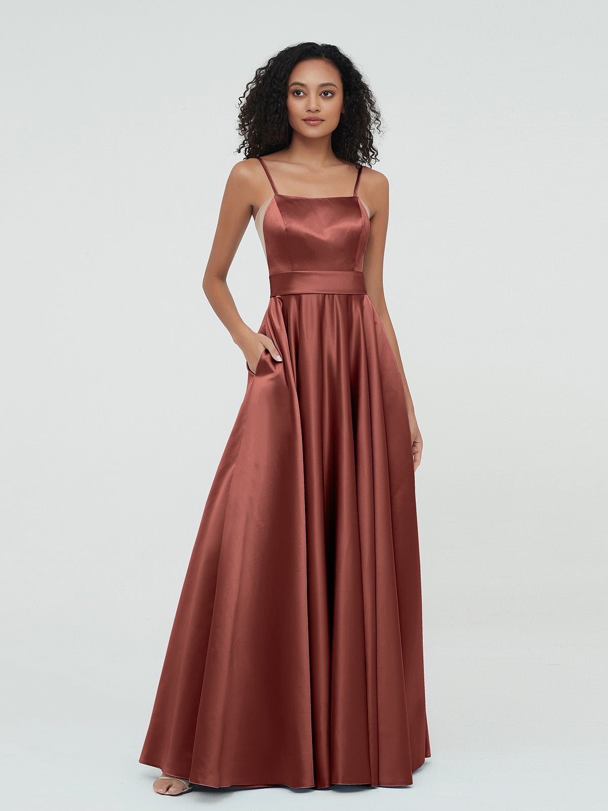 Vestidos máximos de satén estilo A-line con tirantes spaghetti Terracota Tallas Grandes