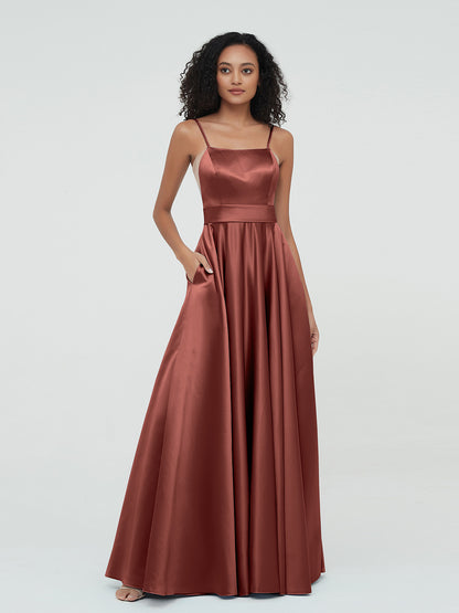 Vestidos máximos de satén estilo A-line con tirantes spaghetti Terracota Tallas Grandes