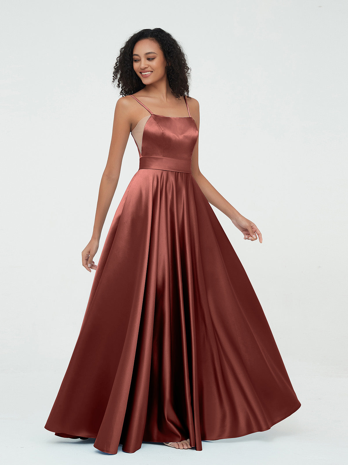 Vestidos máximos de satén estilo A-line con tirantes spaghetti Terracota