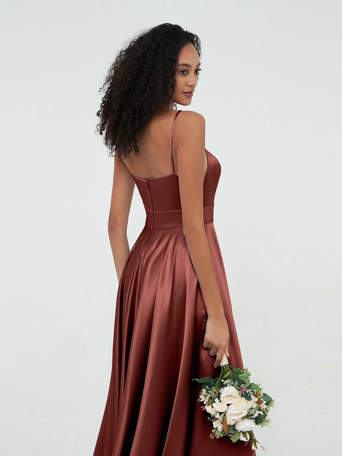 Vestidos máximos de satén estilo A-line con tirantes spaghetti Terracota Tallas Grandes