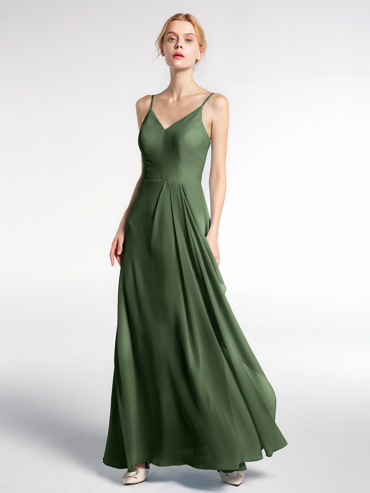Vestido maxi simple de chiffon con escote en V y tirantes finos Verde Oliva Tallas Grandes