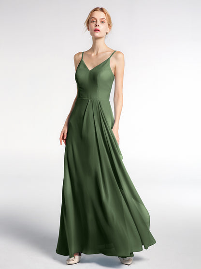 Vestido maxi simple de chiffon con escote en V y tirantes finos Verde Oliva Tallas Grandes