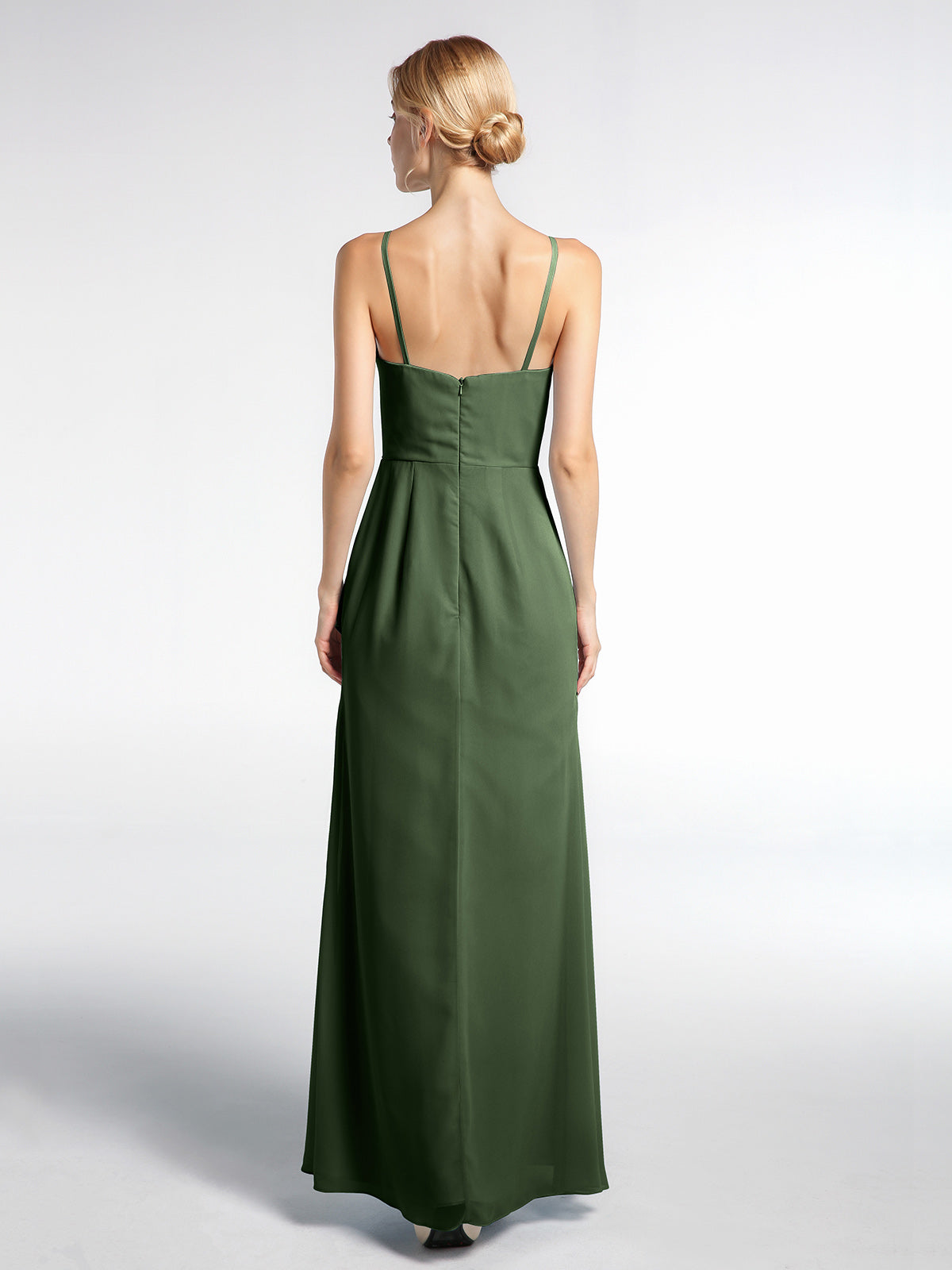 Vestido maxi simple de chiffon con escote en V y tirantes finos Verde Oliva