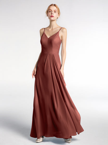 Vestido maxi simple de chiffon con escote en V y tirantes finos Terracota Tallas Grandes
