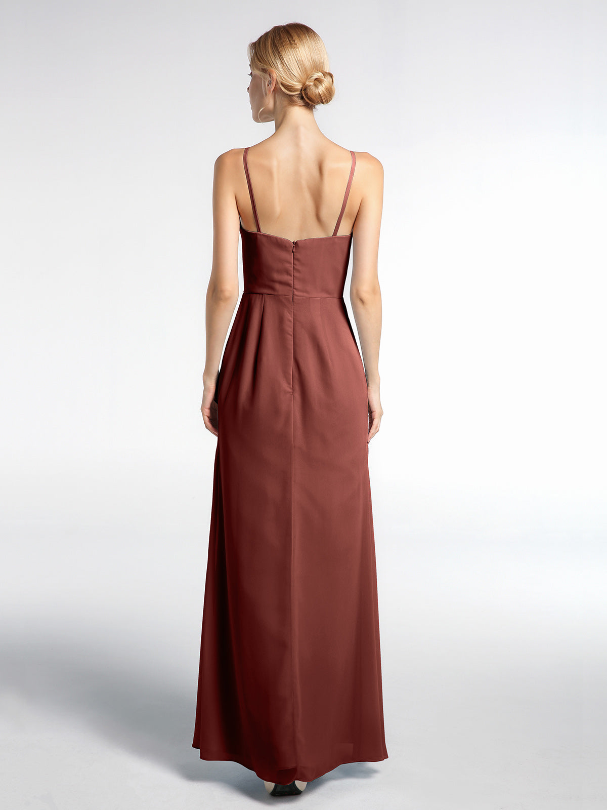 Vestido maxi simple de chiffon con escote en V y tirantes finos Terracota