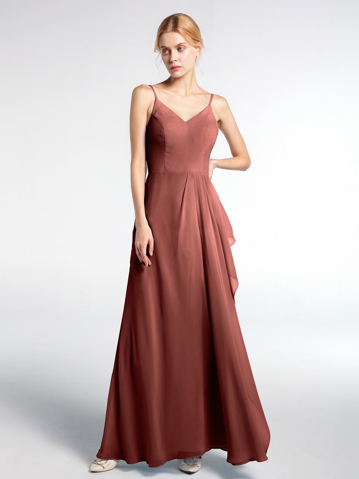 Vestido maxi simple de chiffon con escote en V y tirantes finos Terracota