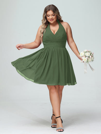 Natividad Cabestro Escote En V Gasa Corto Vestidos De Dama De Honor Verde Oliva Tallas Grandes